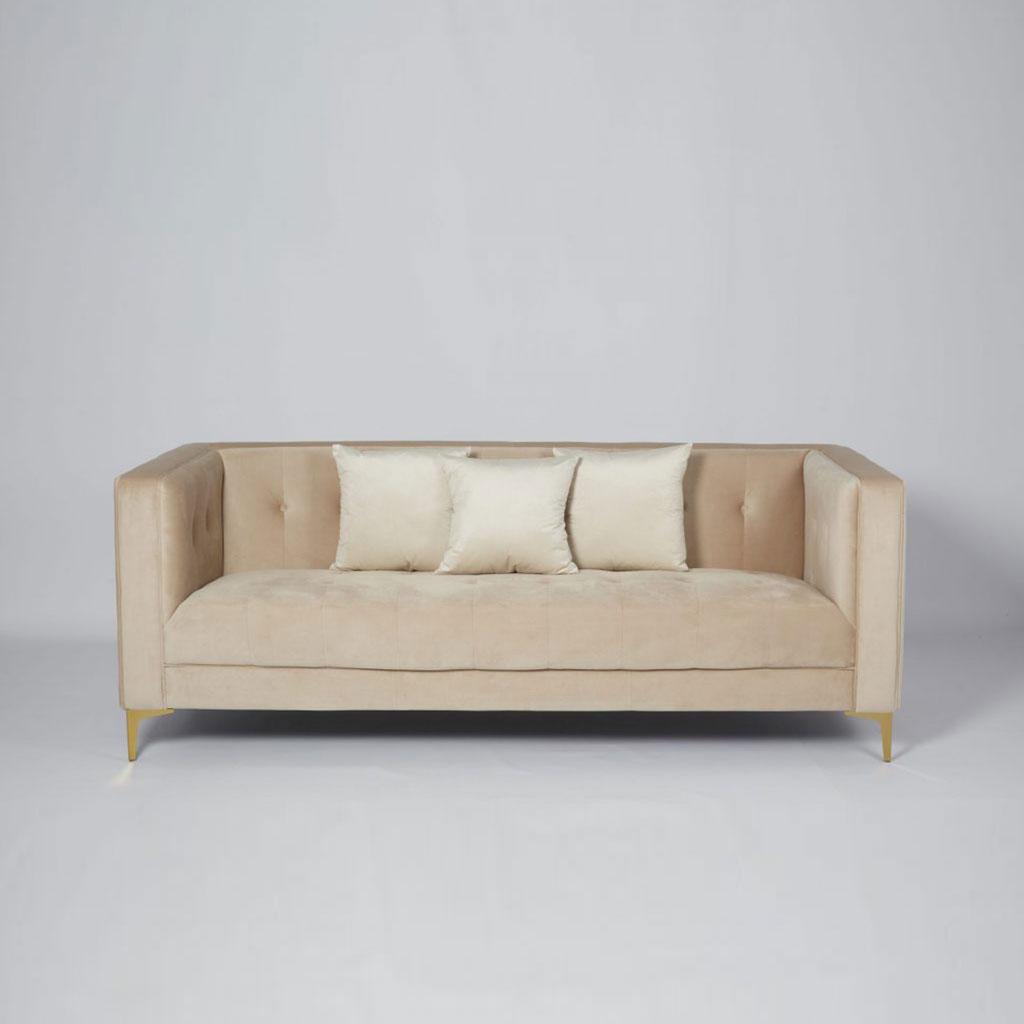 Beige Velvet & Gold Metal 3-Seater Sofa
